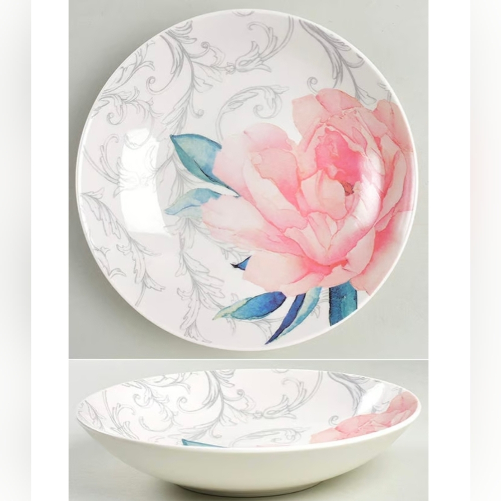 4pcs Martha Stewart Pink Peony 9" Dinner Bowls, Floral Ceramic Pasta Bowls
